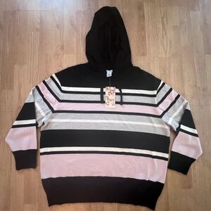 NWT Poppy & Whimsy Striped Hooded Womens Sweater Gray/Black Pink 2XL